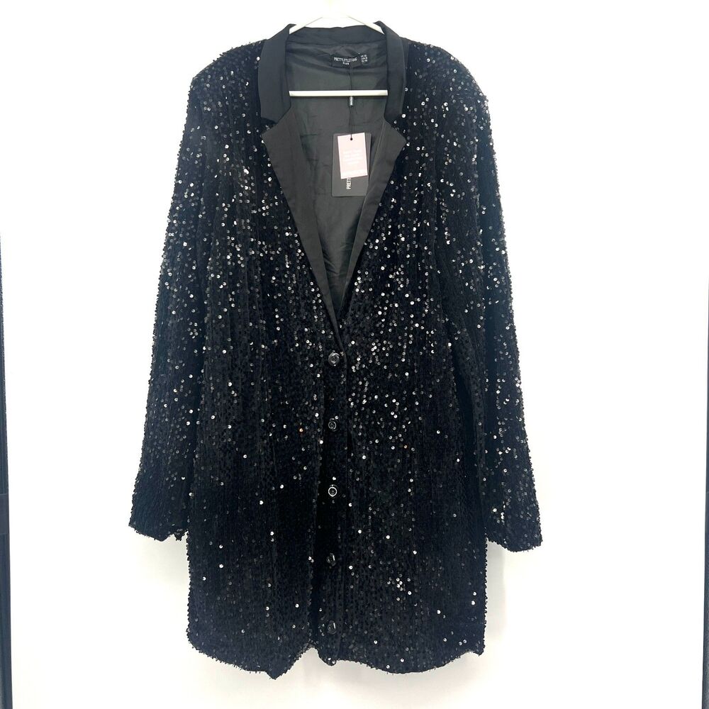 PrettyLittleThing Plus Black Oversized Sequin Blazer Dress UK 22 US 18 NWT